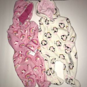 2 Baby Hooded Fleece Jumpsuits 6-9 months